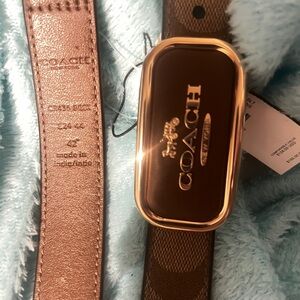 Coach Rose Gold Logo Buckle Belt with Brown Signature Strap